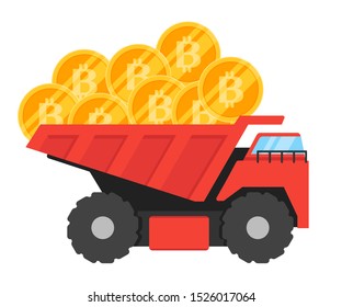 Professional bitcoin miner carrying tons of coin using haul truck vector icon logo illustration and design. Cryptocurrency and online income concept  element.  Can be used for web, mobile and print. 