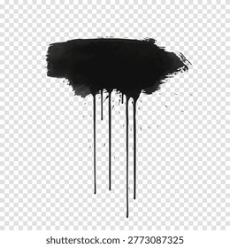 Professional black ink brush stroke featuring realistic paint drips and splatters. This high-quality grunge element is perfect for urban designs, artistic logos, and creative street-style graphics.