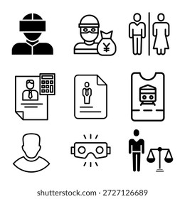 Conjunto de íconos de línea negra de Profesional con diversos símbolos para recursos humanos, leyes, carreras y tecnología. Iconos versátiles para presentaciones corporativas, interfaces App y Diseño web.