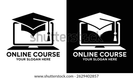 A professional black logo merging a laptop with graduation cap symbolizing digital learning and academic achievement Perfect for online courses universities and e-learning startups