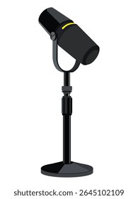 Professional black podcast microphone on adjustable stand with yellow indicator
