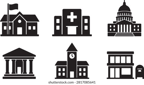 Professional black silhouette icons of common civic buildings including schools with flagpoles hospitals with cross symbols capitol domes columned banks and post offices for map design and navigational interface.