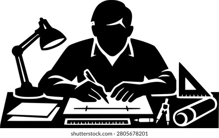 Professional black silhouette illustration of an architect or draftsman working on a blueprint at a drafting table with desk lamp, ruler, compass, set square, pencil, and rolled paper. Suitable for architecture, engineering, construction planning, technical drawing, office workspace, design studio, and project development vector graphics.