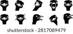 Professional black silhouette vector collection featuring cartoon ostrich heads with a variety of expressive facial emotions and poses. Perfect for farm-themed branding, mascot design, children