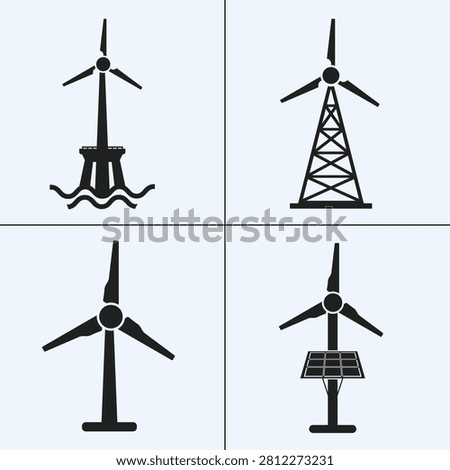 Professional black silhouette vector icon set featuring wind turbine designs, including offshore wind farms, onshore wind turbines, lattice tower structures, and solar powered wind energy systems. Clean, modern, editable vector illustrations isolated on a white background. Ideal for renewable energy, sustainable power, green technology, engineering, environmental projects, infographics, presentations, web design, mobile applications, and educational materials.