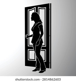 Professional black silhouette vector illustration of a woman opening or entering through a door, representing entrance, exit, welcome, home access, office entry, opportunity, security, hospitality, and daily life concepts. Clean isolated vector design ideal for websites, mobile apps, UI UX design, real estate, business presentations, home services, security projects, educational materials, and Vector EPS illustrations.