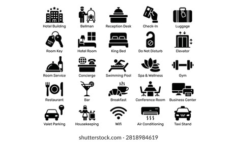 Professional black solid icon set for hotel management and guest services showing room service concierge swimming pool spa wellness restaurant bar breakfast conference room business center valet parking housekeeping wifi air conditioning and taxi stand for mobile apps.