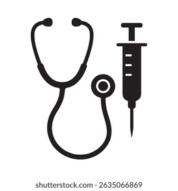 Professional Black Stethoscope and Syringe Outline Silhouette Symbol for Health and Medical Graphics.