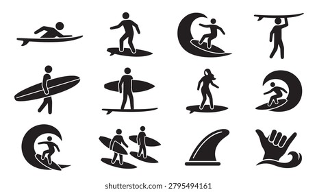 Professional black vector graphic illustration set featuring various minimalist stick figure icons depicting surfing activities like riding ocean waves standing on boards carrying surfboards walking along the sandy beach and showing shaka hand gestures for creative summer water sports branding projects and modern athletic equipment design layouts