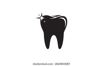 Professional black vector icon of a polished human tooth with gleaming sparkle effects, representing teeth whitening procedures, oral hygiene maintenance, and advanced dental care solutions.