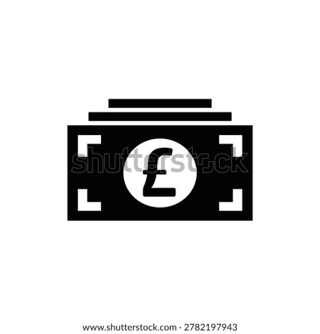 Professional black vector icon representing a stack of British Pound (GBP) banknotes. This minimalist currency symbol is perfect for high-conversion financial app interfaces, banking websites, investment portfolios, and commercial economic reports.