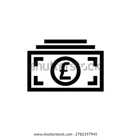Professional black vector icon representing a stack of British Pound (GBP) banknotes. This minimalist currency symbol is perfect for high-conversion financial app interfaces, banking websites, investment portfolios, and commercial economic reports.