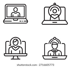 Profesional de iconos vectoriales negros que representan herramientas de contratación de recursos humanos y sistemas de reclutamiento remoto.