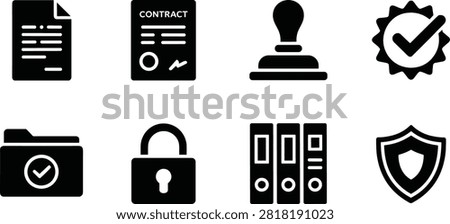 Professional black vector icons representing business and security concepts including documents, contracts, stamps, seals, folders, padlocks, binders, and shields. Perfect for corporate presentations, legal projects, data management, and creative designs related to approval and protection.