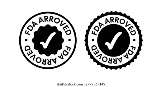 Professional black and white FDA approved badge collection featuring certification seals, verification check marks, and regulatory compliance emblems. Perfect for pharmaceutical packaging, medical devices, healthcare products, supplement labeling, quality assurance graphics, certification materials, and compliance documentation.