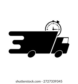 Un icono plano profesional en blanco y negro con un camión de entrega de movimiento rápido combinado con un símbolo de cronómetro.