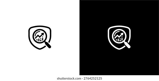 A professional black and white icon featuring a magnifying glass analyzing a growth chart inside a protective shield, symbolizing secure financial analytics and business data monitoring.