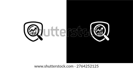 A professional black and white icon featuring a magnifying glass analyzing a growth chart inside a protective shield, symbolizing secure financial analytics and business data monitoring.