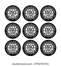 Professional black and white ISO certification badge collection featuring standards. Ideal for compliance documentation, websites, packaging, audits, and corporate branding.