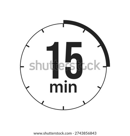 A professional black and white minimalist icon representing a 15 minute duration. The graphic features a circular clock face with tick marks and a bolded quarter circle segment highlighting the fifteen minute interval.