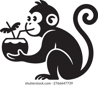 A professional black and white minimalist vector illustration of a friendly cartoon monkey sitting and drinking from a tropical coconut with a straw, isolated on white.