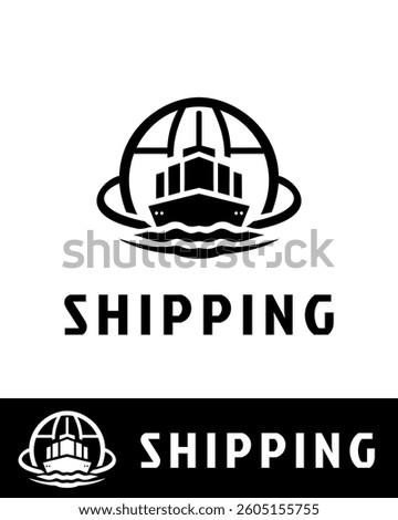 A professional black and white shipping logo featuring a cargo ship inside a globe