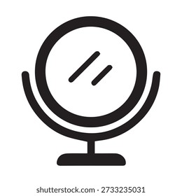 Uma ilustração vetor profissional preto e branco de um espelho de vaidade de mesa circular em um suporte. Esta silhueta limpa e minimalista é perfeita para menus de serviço de salão de beleza, marca cosmética, ícones de varejo de móveis e ativos digitais de decoração de casa. Seu design arrojado e plano garante excelente visibilidade e escalabilidade para interfaces da Web modernas de comércio eletrônico, aplicativos móveis para rotinas de beleza e estilo de vida de alta qualidade ou materiais de marketing de preparação.
