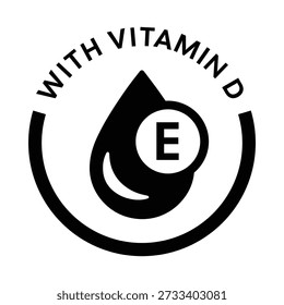Um ícone infográfico vetor profissional preto e branco com uma gota líquida de alto contraste rotulada "E" para Vitamina E. O desenho é enquadrado por uma borda semicircular minimalista com tipografia limpa "COM VITAMINA E". Este gráfico versátil é perfeito para embalagem de produtos monocromáticos, relatórios clínicos dermatológicos, rotulagem de suplemento de grau médico e identidades de marca de bem-estar profissional que exigem uma estética elegante e confiável.