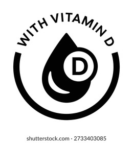 Um ícone infográfico vetor profissional preto e branco com uma gota líquida de alto contraste rotulada "D" para Vitamina D. O design é envolto em um quadro semicircular minimalista com a tipografia limpa "COM VITAMINA D" arqueando acima. Este recurso gráfico versátil é ideal para embalagens farmacêuticas monocromáticas, rótulos dermatológicos clínicos e materiais de marketing profissionais da indústria da saúde que exigem uma estética elegante, confiável e moderna.