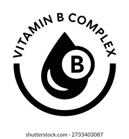 Um ícone infográfico vetor profissional preto e branco com uma gota líquida de alto contraste rotulada "B" para Complexo de Vitamina B. O desenho é emoldurado por uma borda semicircular minimalista com o texto "COMPLEXO VITAMÍNICO B" em tipografia preto limpo arcando acima. Este recurso gráfico versátil é perfeito para embalagens farmacêuticas monocromáticas, rótulos de suplementos de energia clínica, materiais educacionais voltados para a saúde e identidades de marcas profissionais que exigem uma estética sofisticada de nível médico.