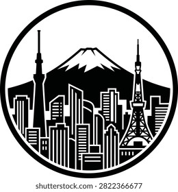 A professional black and white vector silhouette featuring the Tokyo city skyline enclosed in a clean circular emblem. The graphic displays detailed skyscrapers, the iconic Tokyo Skytree, Tokyo Tower, and the majestic Mount Fuji with its snowy peak in the background. This high-quality stamp asset is ideal for Japan tourism branding, travel t-shirt prints, souvenir badges, and modern corporate logos isolated on transparent background.
