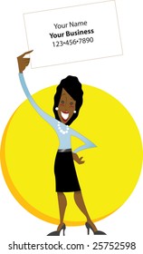 Professional black woman holding white sign with yellow background