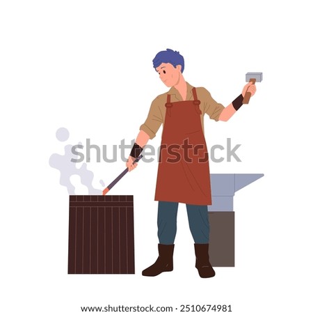 Professional blacksmith cartoon character crafting metal weapon forging steel for iron tools