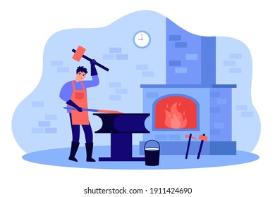 Professional blacksmith working with sledge hammer flat vector illustration. Cartoon male smith doing metalwork and forging on anvil. Hard job and workshop concept