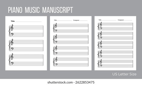 Professional blank piano sheet music template with treble and bass clefs, featuring three staves per page for composing, arranging, and music notation.