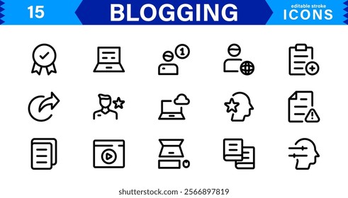 Professional Blogging Icons. Flat, Minimal for Writers, Bloggers, Websites, Content Creation, SEO, and Digital Marketing