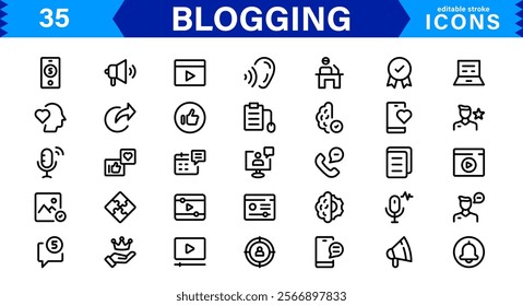 Professional Blogging Icons. Flat, Minimal for Writers, Bloggers, Websites, Content Creation, SEO, and Digital Marketing