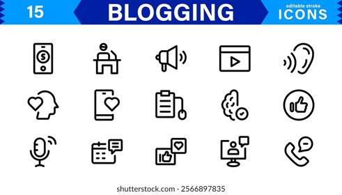 Professional Blogging Icons. Flat, Minimal for Writers, Bloggers, Websites, Content Creation, SEO, and Digital Marketing