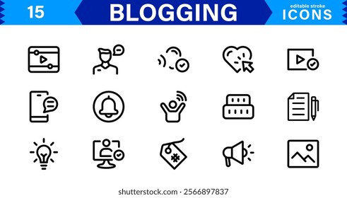 Professional Blogging Icons. Flat, Minimal for Writers, Bloggers, Websites, Content Creation, SEO, and Digital Marketing