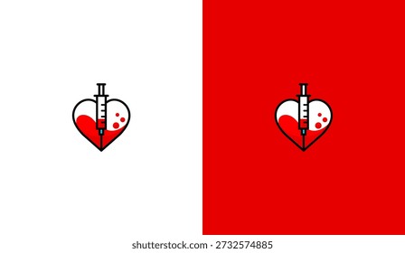 Icono de Vector de donación de sangre de Profesional con un corazón lleno de líquido rojo y una jeringuilla médica para clínica de atención médica o concepto de prueba de laboratorio sobre fondos blancos y rojos.