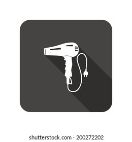 Professional blow hairdryer with two-pin plug. Rounded square flat icon with long shadow. Vector