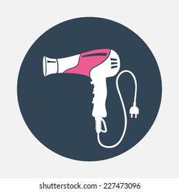 Professional blow hairdryer with two-pin plug. Modern colored sign on dark grey. Round circles symbols. Vector