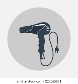 Professional blow hairdryer with two-pin plug and cord. Modern colored sign on grey round circles symbol. Vector