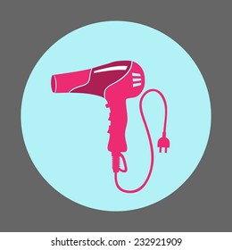 Professional blow hairdryer with two-pin plug. Modern colored sign on dark grey. Round circles symbols. Vector