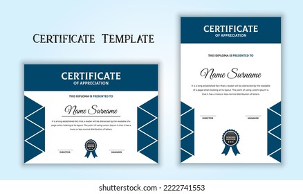 Professional blue certificate template. Certificate of appreciation, achievement, 
award template design. Diploma vector template