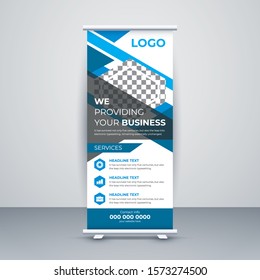 Professional blue Corporate roll up banner. Abstract Shapes Modern Exhibition Advertising Trend Business Roll Up Banner Stand Poster Brochure flat design template creative concept. Presentation.