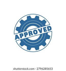 A professional blue gear icon featuring the word Approved as a stamp. This vector illustration represents quality control, mechanical engineering, and status.