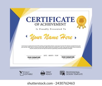 Professional Blue and Gold Certificate of Achievement Vector Template with Modern Accents
