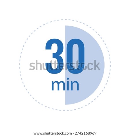 A professional blue graphic icon showing 30 minutes with a half-shaded circle indicating a thirty-minute time interval or countdown on a white background.