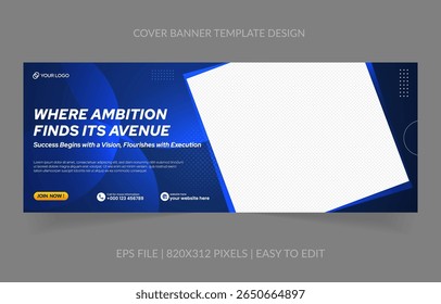 Professional blue header design with image space. Sized 820x312 pixels, perfect for social media pages, ads, and branding. Fully editable layout.